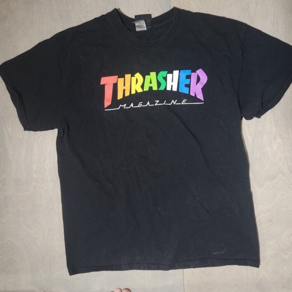 Thrasher‎ Magazine Rainbow Logo Black T-Shirt Skateboarding Graphic Mens Large